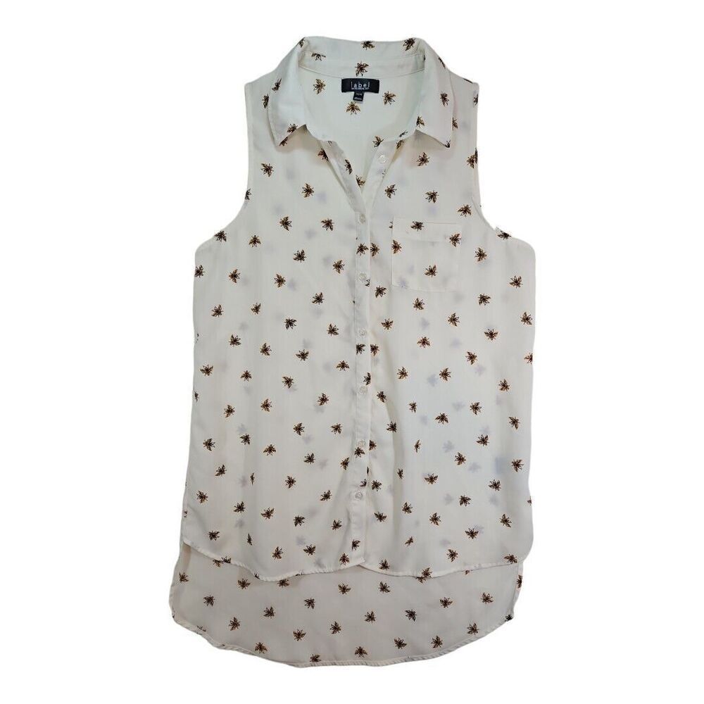 Label Rachel Roy Bee Print Button Down Sleeveless High Low Tunic Top Sz M